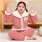 儿童睡衣冬季女童珊瑚绒加厚款三层夹棉袄孩法兰绒保暖家居服套装