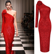 红色单肩长袖大气亮片时尚，花朵中长款连衣裙优雅名缓聚会晚装