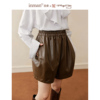 茵曼设计感pu皮短裤，女2024年春季复古高腰，显瘦a字棕色裤子