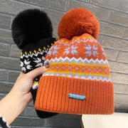 可爱大毛球针织帽子女秋冬季百搭甜美加绒加厚保暖雪花毛线帽学生
