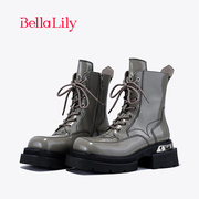 bellalily欧美牛皮中筒靴，女潮流马丁靴，增高气质机车靴子
