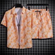 夏威夷花衬衫男夏季宽松三亚海南旅游沙滩套装，情侣短袖衬衣一整套