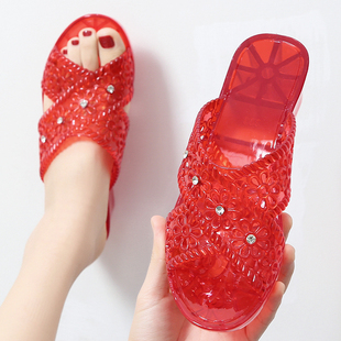 水晶网红凉拖鞋女夏时尚，外穿妈妈坡跟，一字拖高跟防滑果冻拖鞋