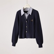 秋冬季英伦学院风假两件撞色polo领长袖针织开衫女设计感毛衣
