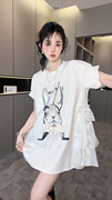 rrfashion短袖t恤裙女2024夏季中长款兔子印花网纱拼接上衣