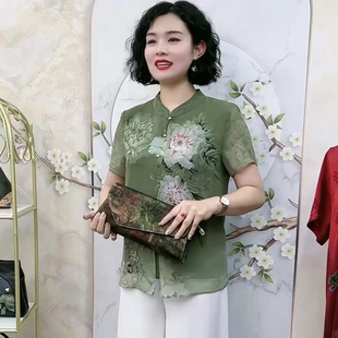 妈妈夏装复古印花真丝衬衫洋气宽松大码上衣中老年女短袖T恤小衫