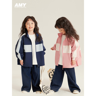 Amybaby女童风衣2024春秋季韩版休闲上衣撞色拼接洋气外套