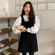 韩国chic冬季法式气质圆领泡泡袖白色衬衫+U领粗花呢背心连衣裙女