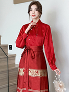 配马面裙的衬衣红色，长袖改良汉服立领衬衫，新中式国风旗袍上衣女秋