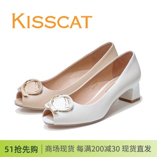kisscat接吻猫2024中粗跟鱼嘴羊皮，浅口女单鞋ka43108-11