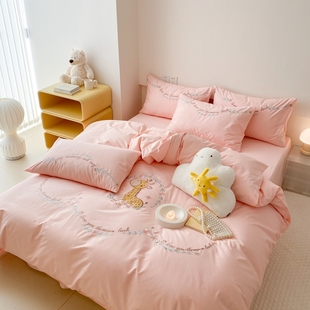 纯棉刺绣儿童床上用品四件套全棉男女孩卡通床品床单被套1.2m1.5