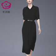 欧美赫本小黑裙连衣裙，2024夏季中长款时尚，修身显瘦气质衬衫裙