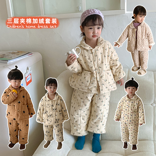 儿童睡衣冬季加厚款小孩，女童纯棉宝宝加绒三层，夹棉男童家居服套装
