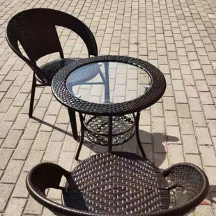 阳台小桌子编圆形茶几钢化玻璃休闲小圆桌小茶桌椅组合简易茶几