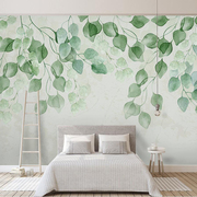 清新绿色叶子水彩手绘田园客厅，电视背景墙纸，无纺布沙发大型壁画