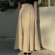 韩国chic夏季法式复古高腰，显瘦压褶设计a字型大摆型纯色半身裙女