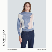 L'ORFEO/奥菲欧文艺蓝白粉半高圆领长袖拼色针织衫2021冬季女