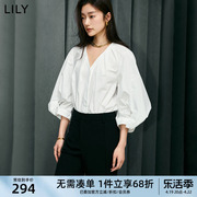 lily2024夏女装(夏女装，)优雅气质通勤款设计感复古灯笼袖宽松白衬衫女