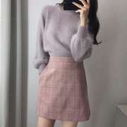 粉色格子半身裙2020春秋韩版显瘦高腰，短裙少女蜜桃，a字学生裙