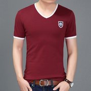 男士短袖t恤夏季韩版纯色v领青年，男装灰色时尚休闲红色打底衫