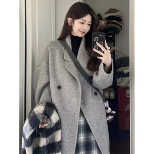 赫本风西装灰色呢子大衣秋冬季高级感韩系小个子中长款毛呢外套女