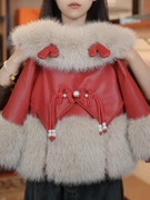 女童皮草外套冬季儿童红色冬装网红小女孩加绒加厚拜年服棉衣