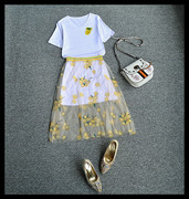夏季圆领中长款短袖T恤连衣裙+刺绣透视网纱裙时尚两件套裙