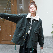 牛仔外套女内里加绒2023冬季韩版中长款羊羔绒加厚棉衣复古派克服