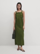 Massimo Dutti 2024女装度假风复古绿侧开叉纯亚麻吊带长连衣裙