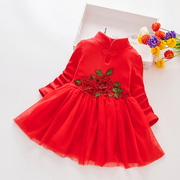 女童连衣裙2024秋装儿童长袖网红超洋气红色中国风蕾丝裙子潮