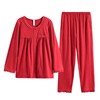 芬腾2023年秋季长袖睡衣女圆领，开衫蕾丝绣花妈妈款家居服红色套装