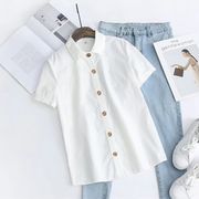 舒适棉质夏季短袖白色衬衫，休闲衬衣上衣纯色，简约学院风百搭基本款