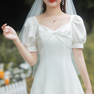 法式小白裙缎面领证登记白裙子平时可穿情侣轻婚纱礼服订婚连衣裙