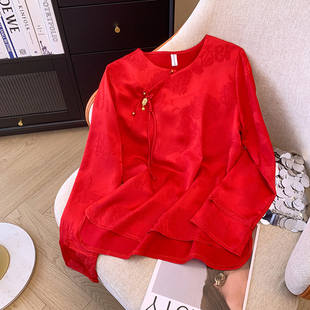 春季新中式国风复古盘扣提花高级感红色衬衫女士洋气禅意上衣
