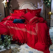 四六七刺绣婚礼欧式正红色纯色全棉60支长绒棉婚庆床上用品件套