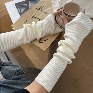 韩版针织手套半指百搭保暖堆堆毛线，护臂少女袖子长款学生手袖纯色