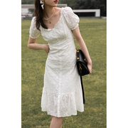 rinka大小姐 法式白色泡泡袖仙女气质连衣裙女夏季中长款裙子