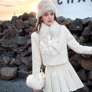 2023冬季韩系富家千金冬装甜美毛茸茸小香风半身裙加厚套装两件套