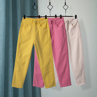 彩色休闲裤女裤子夏季舒适透气粉色珍珠棉，牛仔裤宽松显瘦哈伦裤