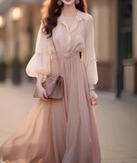 淑女小香风衬衫裙套装洋气时尚时髦气质灯笼袖粉色衬衫长裙两件套