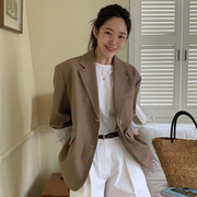 韩国chic夏季复古气质翻领，单排扣宽松休闲长袖，薄款棉麻西装外套女