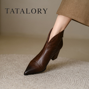 tatalory女靴复古棕色春秋，单靴子女裸靴真皮，高跟尖头粗跟短靴女