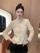 新中式女装唐装中国风，高端白色长袖蕾丝，衬衫上衣春秋款2023年