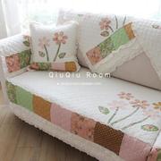 粉色花朵清新白色田园刺绣拼布格子甜美布艺纯棉沙发垫防尘巾窗垫