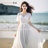 白色蕾丝短袖连衣裙v领长裙海边度假沙滩裙沙漠，裙高端精致礼服裙