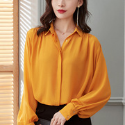 黄色雪纺衬衫女长袖2024春季宽松灯笼袖，上衣时尚洋气职业衬衣