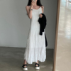 韩国chic夏季法式复古褶皱设计长款雪纺吊带，连衣裙女打底背心裙潮