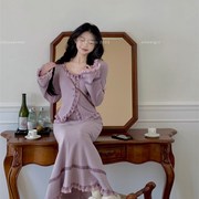 甜美紫色蕾丝纯欲套装女春季2024针织开衫半身长裙时尚两件套