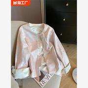 新中式女装2024春款国风高级感复古唐装上衣女粉色提花圆领短外套