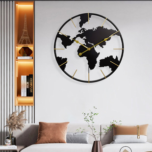 北欧现代玄关艺术家居墙挂钟，铁艺挂钟简约时尚静音地球地图挂钟表